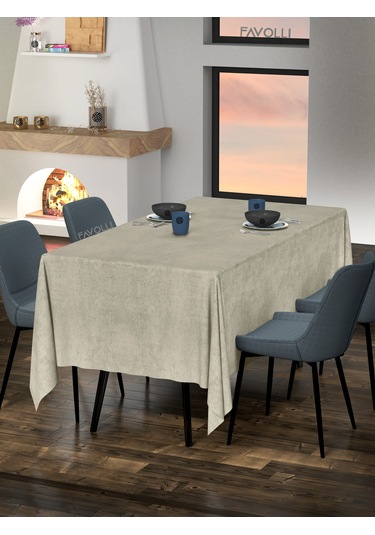 Kadife Dokulu Keten Renk Masa Örtüsü Kum Bejı