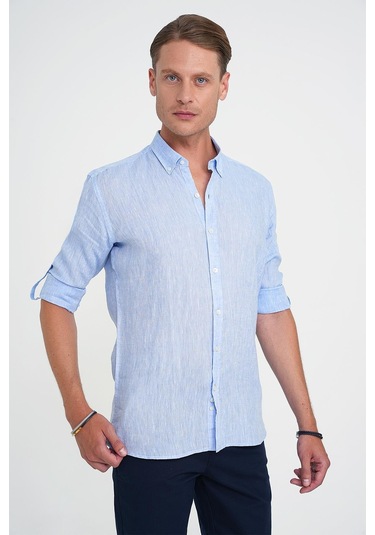 Comfort Fit Düğme Yaka Katlanır Kol %100 Keten Düz Mavi Gömlek G 1595 Mavi