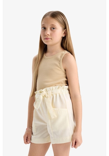 Defacto Kız Çocuk Cepli Paperbag Şort C0266A824SMER99 Ekru