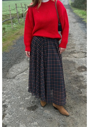 Siyah Şifon Ekoseli Etek - 0613 Siyah