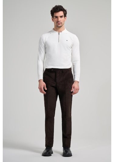 Koyu Kahverengi Pamuklu Yandan Cepli Comfort Fit Kadife Pantolon 1003245160 Koyu Kahverengi