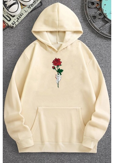 Rose Baskılı Sweatshirt Bej