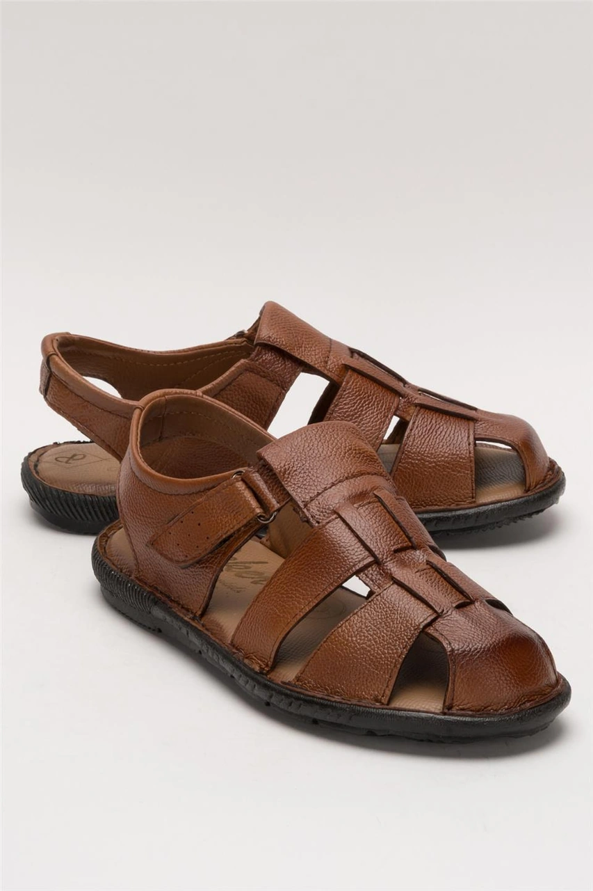 Erkek Hakiki Deri Yazlık Hafif Günlük Ayakkabı Sandalet Taba Taba