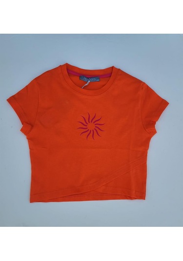 Kız Çocuk Güneş Baskılı Kısa Tshirt-12690 Turuncu