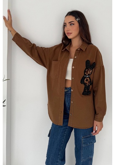 Leopar Ayıcık Armalı Gabardin Kumaş Gömlek Kahverengi Kahverengi