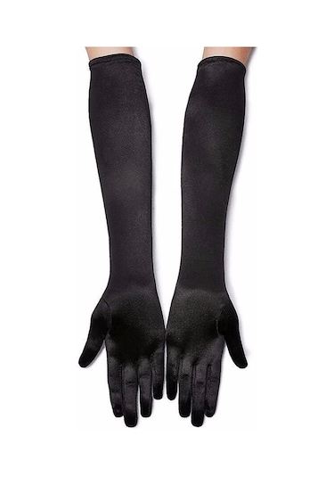 Siyah Renk Likralı Dirseğe Kadar Uzun Kumaş Eldiven 40 Cm