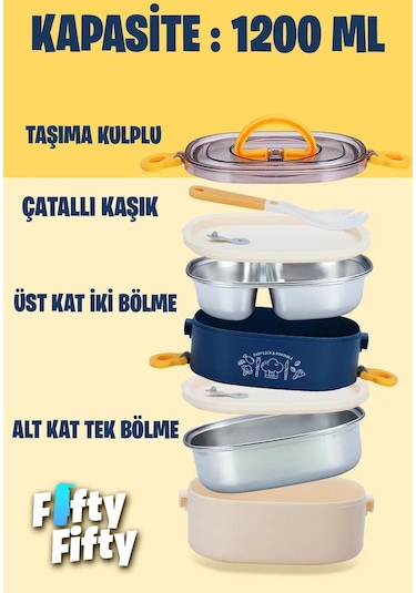 Vagonlife 1200 Ml İki Kat Üç Bölme Paslanmaz Çelik Bento Lunch Box fflbox50251