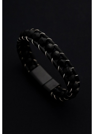 Erkek Çelik Bileklik - Benekli Oniks Doğaltaş Erkek Deri Bileklik Çelik