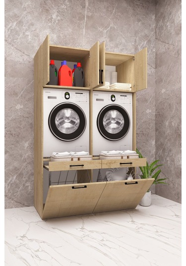 Mdf Çamaşır Makinesi Ve Kurutma Makinesi Dolabı Çift Sepetli Ahşap Lefkas Meşe