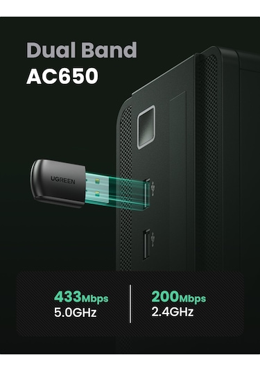 Ugreen 20204 Ac650 2.4 Ve 5Ghz Dual Band Usb Wi-Fi Ağ Adaptörü. S