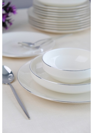 Tabak Evi Sofia Platin Porselen Yemek Takımı 24 Parça 6 Kişilik Beyaz - Gümüş