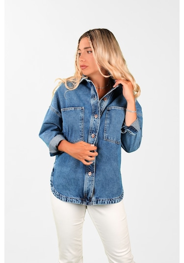 Oversize Kadın Jean Ceket Mavi