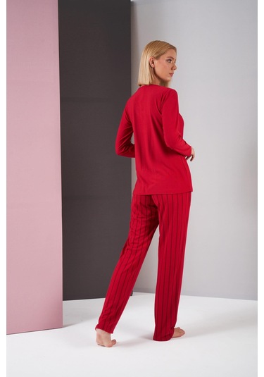 Pjs 26001 Kadın Saten Düğmeli Yaka Cepli Uzun Kollu Pijama Takım bordo