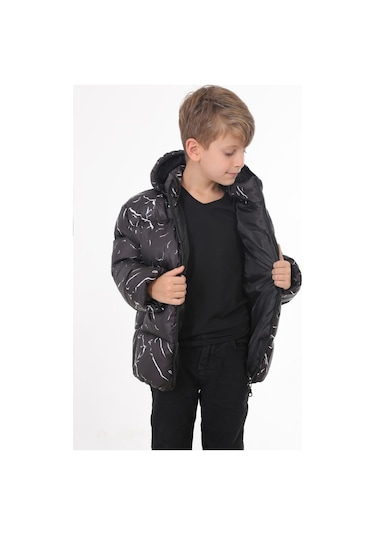 Erkek Çocuk Siyah Çıkabilir Kapüşonlu Su Ve Rüzgar Geçirmez Cepli Kışlık Şişme Mont Siyah