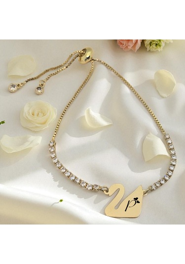 Archin P Harfine Özel Kuğu Kuşu Motifli 14 Ayar Altın Plakalı Beyaz Taş Detaylı Hediye Bileklik-601harf P