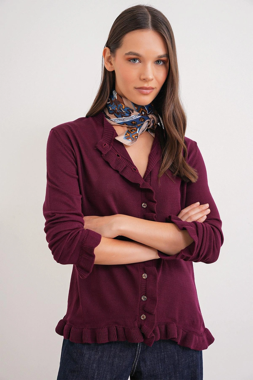 6964 Kadın Düz Fırfırlı Düğmeli Hırka Bordo Bordo