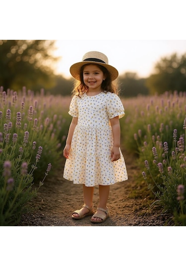 Çiçekli Kız Çocuk Yazlık Elbise St08993 KREM