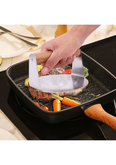 Yuvarlak Smash Burger Presi,16 Cm ,3 Mm 304 Paslanmaz Çelik Ahşap