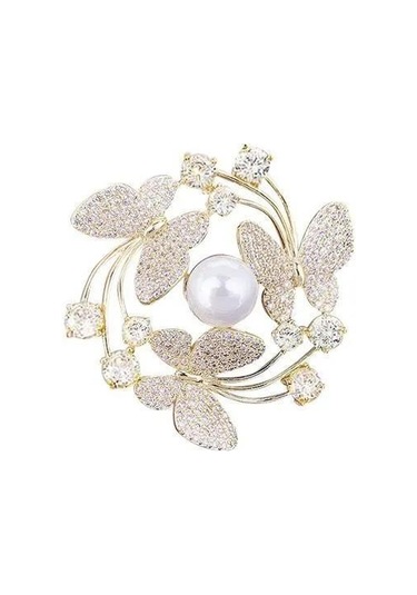 Monyee Kelebek Desenli İkiz Perl Yaka İğnesi - Kc Altın Kaplama, Zirve Eleganlığa Sahip Giyim Aksesuarı Çok Renkli