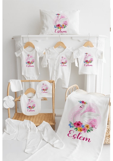 Bebewini %100 Pamuk Organik Baskılı 11'li Isimli Bebek Hastane Çıkışı Ekru