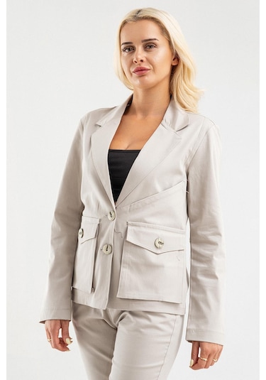 Bold & Young Kadın Üç Cepli Likralı Pamuklu Astarsız Blazer Ceket Bej
