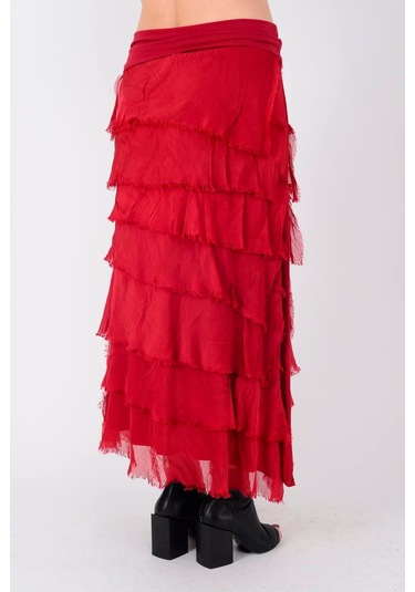 İtalyan 2 Beden Ince Gösteren Kat Kat Ipek Etek & Straplez Elbise Kırmızı