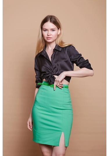 Astarlı Yüksek Bel Önden Yırtmaçlı Deri Kemerli Pamuklu Hafif Likralı Kumaş Kalem Etek Kemer Dahil -b.yeşil B.yeşili