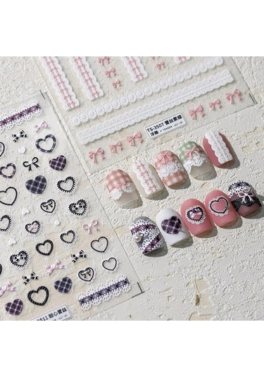 Flybuy 1 Adet 5d Kabartma Kawaii Dantel Nail Art Etiketler Pembe Yay Kalp Ts-3593