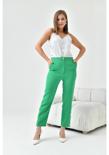 Ftz Women Kadın Dar Paça Düğmeli Pantolon Benetton 30779-Benetton Yeşil