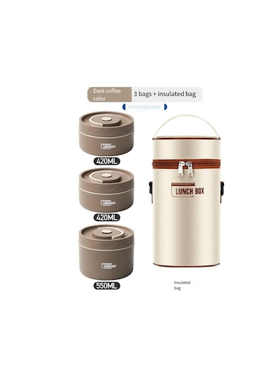 Geeroyoo Paslanmaz Çelik Taşınabilir Yemek Termosu, 420ml + 550ml Kapasiteli, Kahverengi Kahverengi