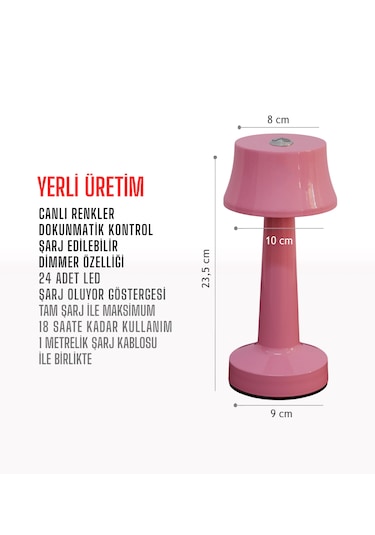 Zenlight Metal Dokunmatik Şarjlı Masa Lambası Pembe