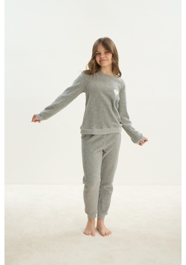 Kız Çocuk Garson Uzun Kol Polar Gri Melanj Pijama Takım C0t5n7o8 001