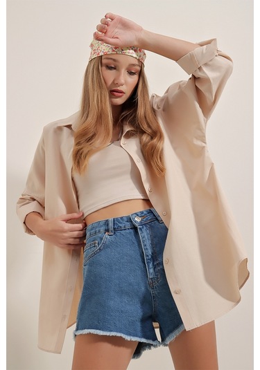 Bigdart 3900 Oversize Uzun Basic Gömlek - Krem 001