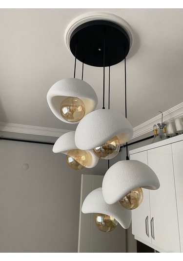 Modern 5'li Avize Beton Dokulu - Salon Ve Oturma Odası İçin Şık Tasarım Rustik Ampul Hediyeli Siyah