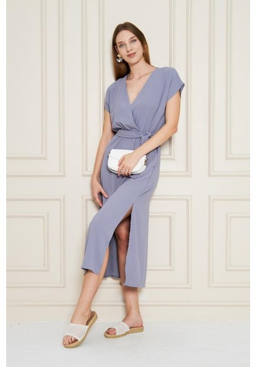 Kadın Kruvaze Yaka Cepli Derin Yırtmaçlı Beli Lastikli Aerobin Günlük Yazlık Elbise 3764341 Gri