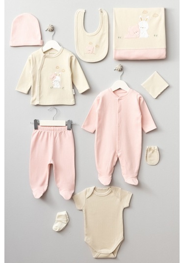 Bebitof Ayıcık Ve Tavşan Desenli 10 Parça Kutulu Hastane Çıkısı Seti Somon