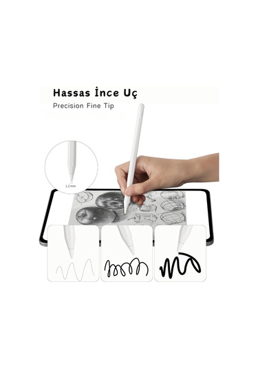 İpad Air 11 2024 Uyumlu Yapışarak Manyetik Şarj Olabilen Avuçiçi Ve Eğim Özellikli Tablet Kalemi Beyaz