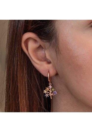 Artsmagazinmücevher Gümüş Rose Renkli Taşlı Hayat Ağacı Kadın Küpe