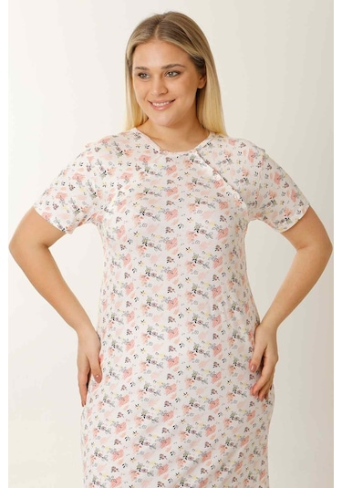 Parlingerie Hamile Emzirme Geceliği Kısa Kollu Çiçekli Ekru