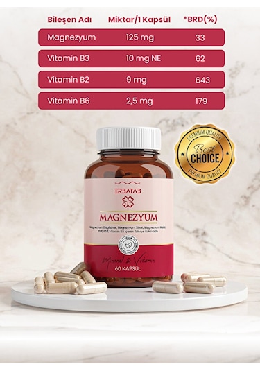 Erbatab Magnezyum Bisglisinat Sitrat Malat & Vitamin B2 B3 B6 3'lü Form 60 Kapsül