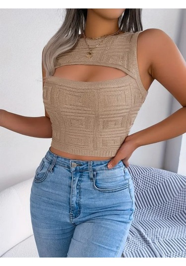 Kadın Askılı Bisiklet Yaka Güpüs Dekolteli Triko Crop Bluz Bej