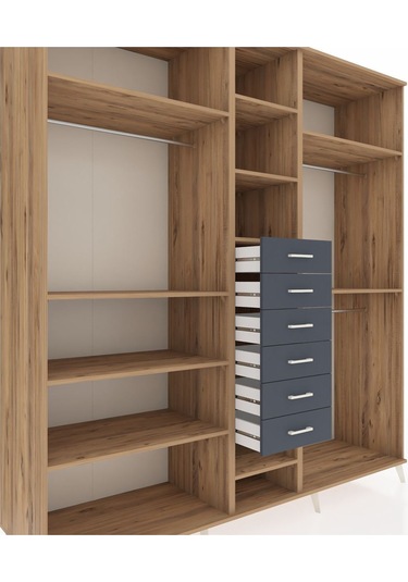 Kronos Dolap 10 Raflı 6 Çekmeceli 3 Askılı 220x59x243 Çam-çam/antrasit Atlas Çam/antrasıt