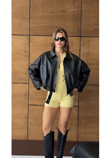 Prifaldi Oversize Bomber Deri Ceket Siyah