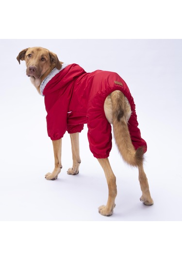 Kırmızı Kürklü Orta Büyük Tulum Yağmurluk Köpek Kıyafeti Köpek Yağmurluğu 18-40 Kg Arası Orta Büyük Irklar