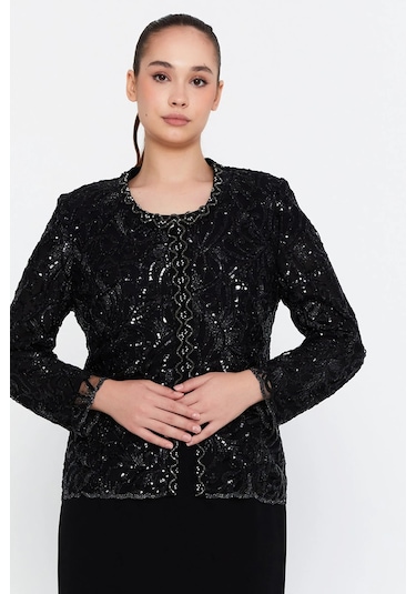 Güzelyalı Kadın Büyük Beden İşleme Detaylı İki Parça Abiye Takım 1047 Siyah Siyah