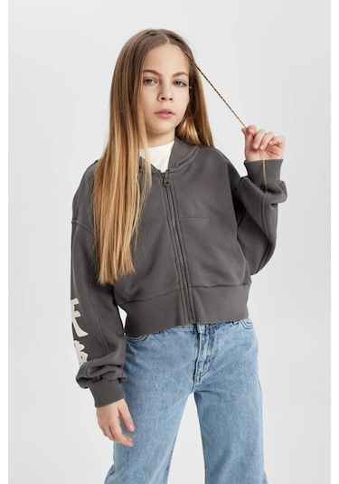 Defacto Kız Çocuk Kapüşonlu Fermuarlı Sweatshirt B9553A824SPGR311 Gri