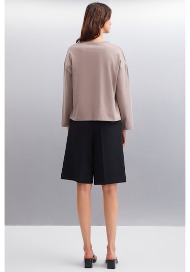 Basıl  Kadın Oversize %100 Organik Pamuk Örme Uzun Kol Vizon T-shirt