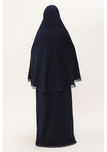 Lacivert İki Parça Namaz Elbisesi Pamuk Kumaş Dantelli 2205 02 Lacivert