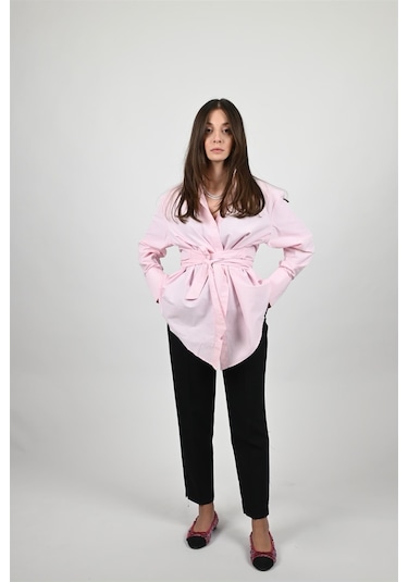 Lemajh Kuşaklı Poplin Pembe Gömlek-pembe Pembe