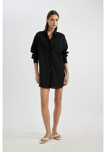 DeFacto Regular Fit Pamuklu Plaj Gömleği-Fall in Love W8241AZ24SMBK27 Siyah DeFacto Regular Fit Pamuklu Plaj Gömleği-Fall in Love W8241AZ24SMBK27 Siyah